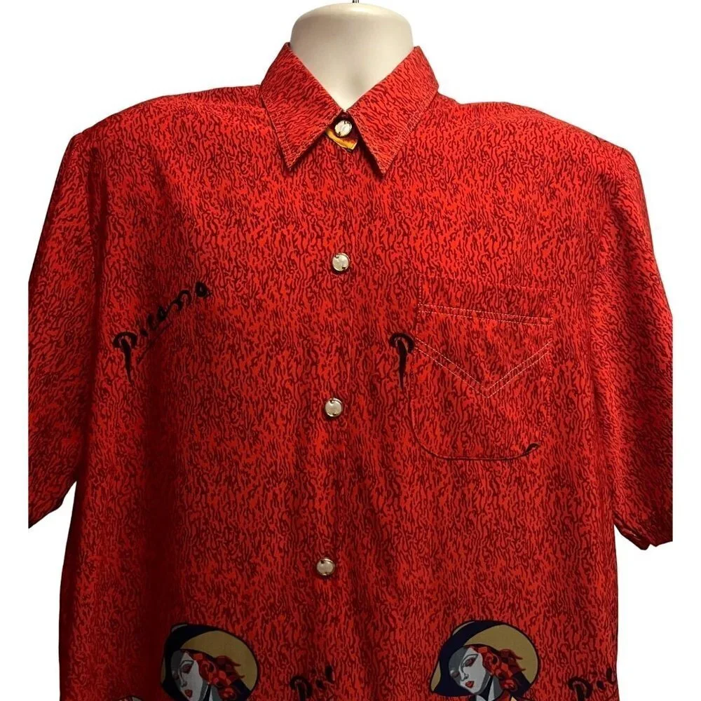 Pablo Picasso Vintage 80s Pop Art Print Red Button Front Camp Shirt XL Pocket